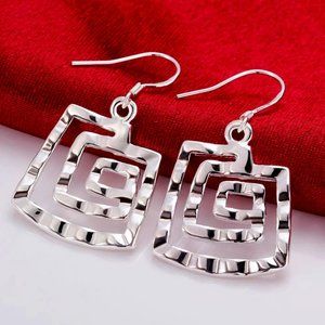 Gorgeous Sterling Silver Square Geometric Hanging Earrings